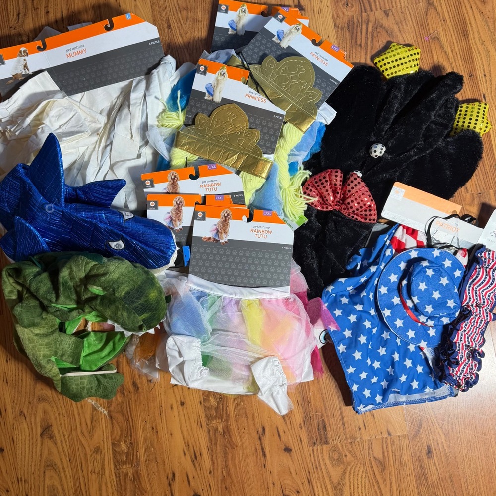 Pet Costume Lot Shark Dinosaur Princess Rainbow Tutu Patriot Mummy L XL NEW